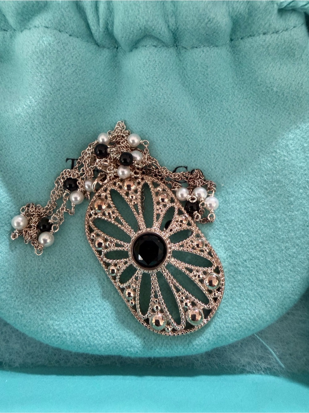 Tiffany & Co Silver Black Onyx Pearl Bead Ziegfeld Daisy 25" Necklace